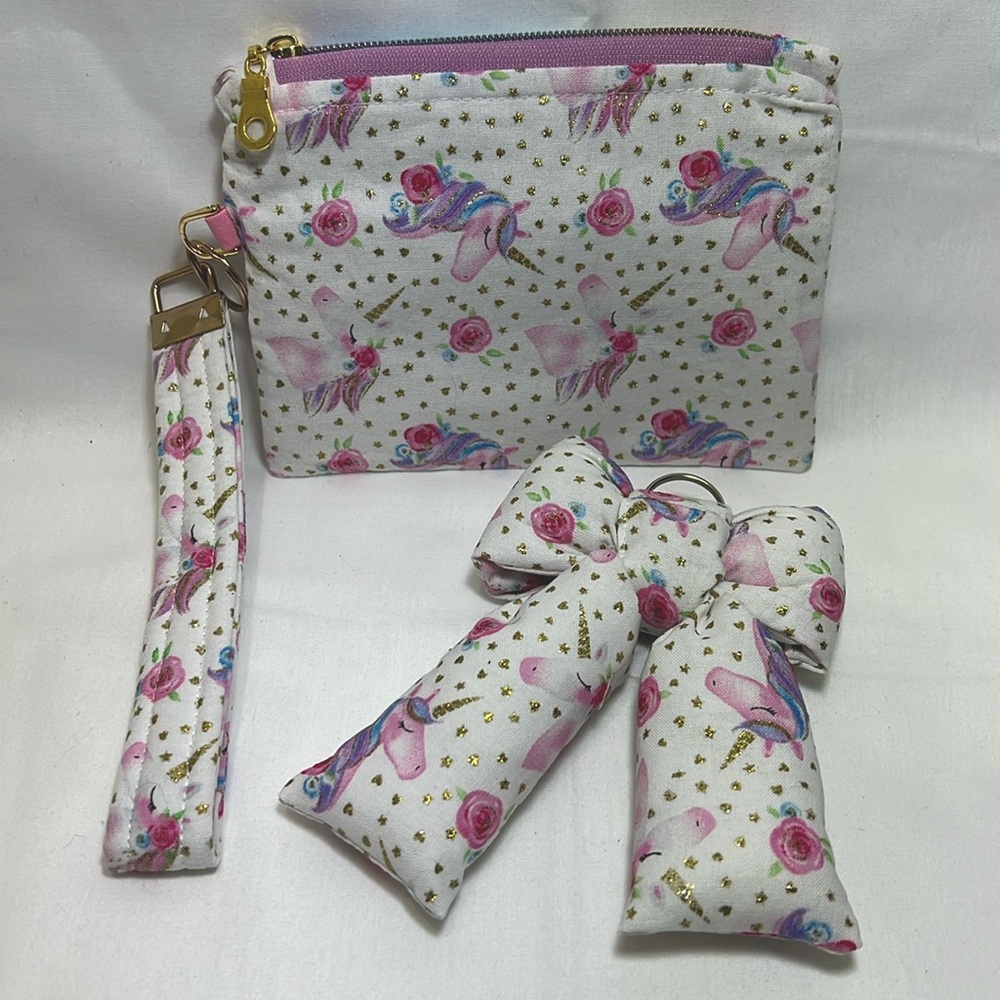 Handmade Floral & Unicorn Print Clutch Wristlet & Bow Key Chain